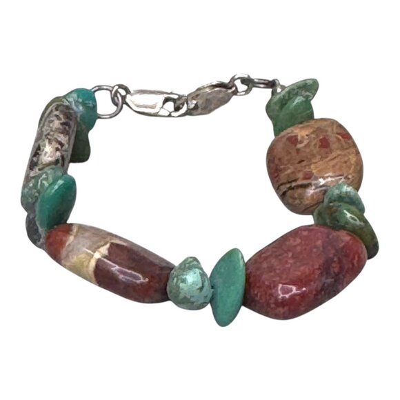Vintage Chunky Artisan Natural Stone Turquoise Jasper Bracelet Sterling 5.5" - Picture 5 of 7